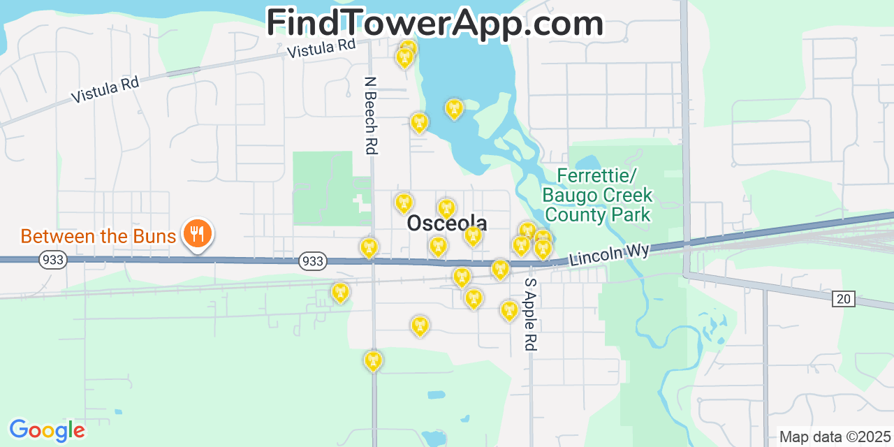 Map showing the 20 primary cell tower locations detected in Osceola, Indiana from AT&T, Verizon, and T-Mobile networks