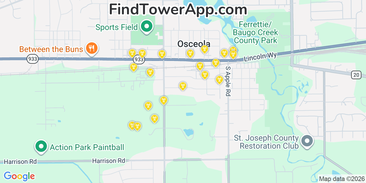 Map showing the 20 primary cell tower locations detected in Osceola, Indiana from AT&T, Verizon, and T-Mobile networks
