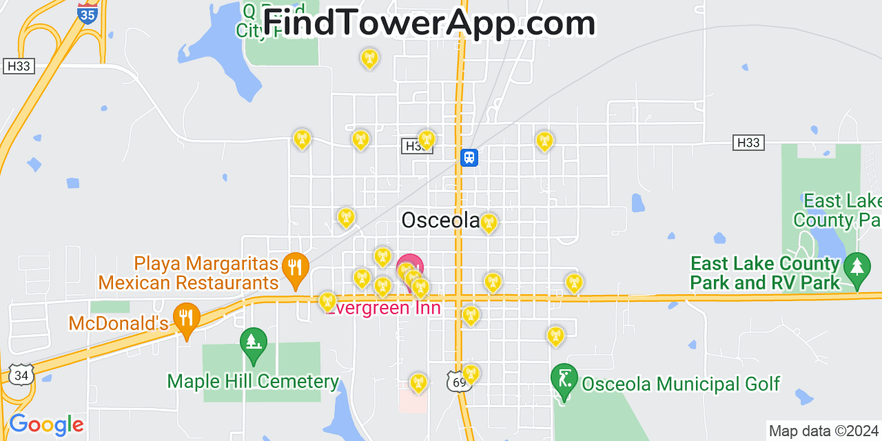 AT&T 4G/5G cell tower coverage map Osceola, Iowa