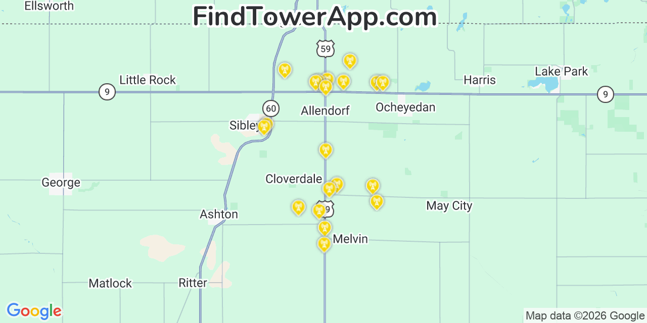 Map showing the 20 primary cell tower locations detected in Osceola, Iowa from AT&T, Verizon, and T-Mobile networks