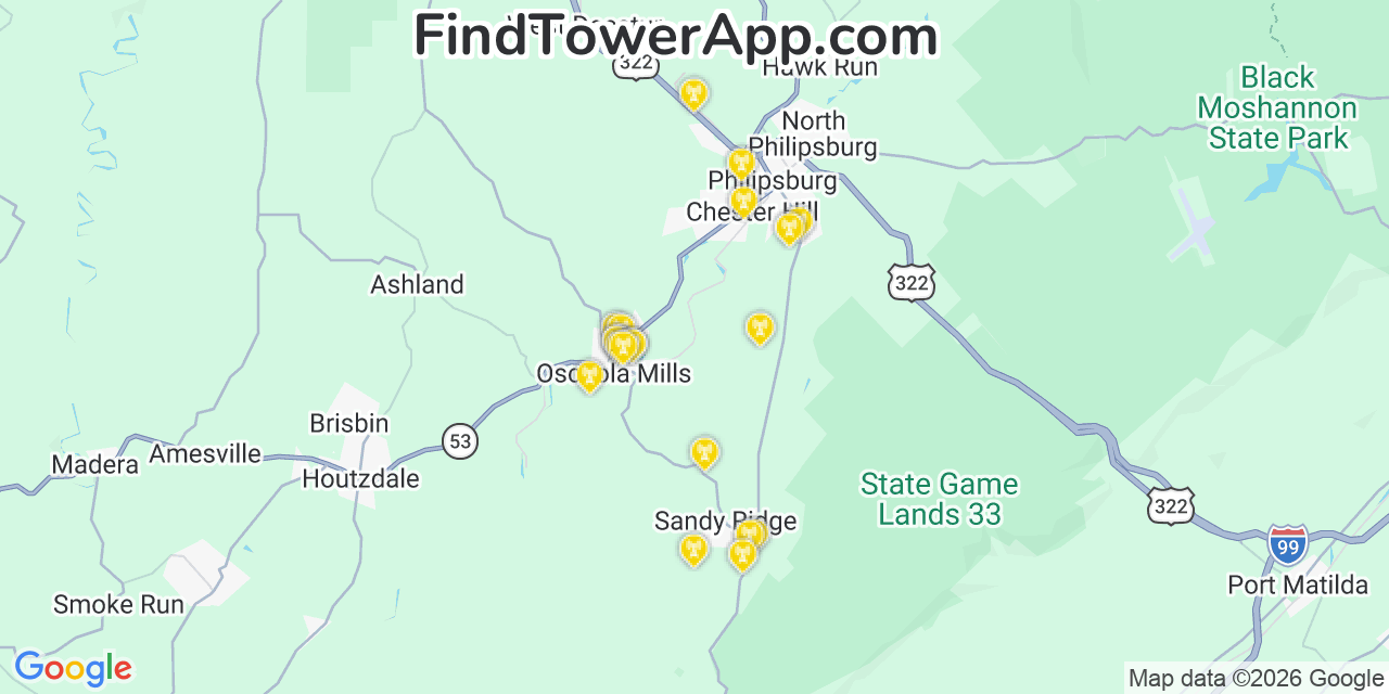 Map showing the 20 primary cell tower locations detected in Osceola Mills, Pennsylvania from AT&T, Verizon, and T-Mobile networks