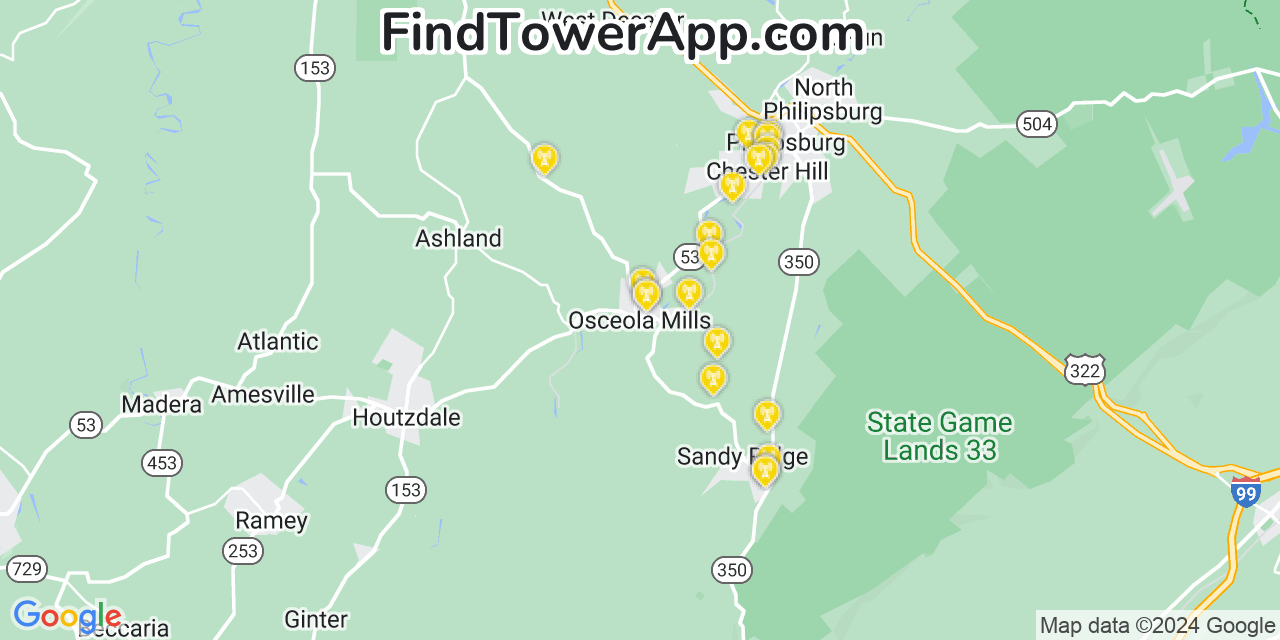 Verizon 4G/5G cell tower coverage map Osceola Mills, Pennsylvania