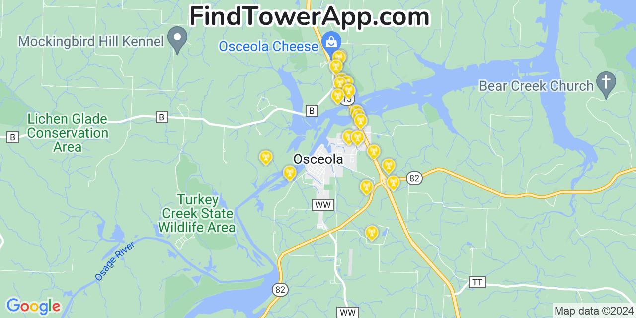 AT&T 4G/5G cell tower coverage map Osceola, Missouri