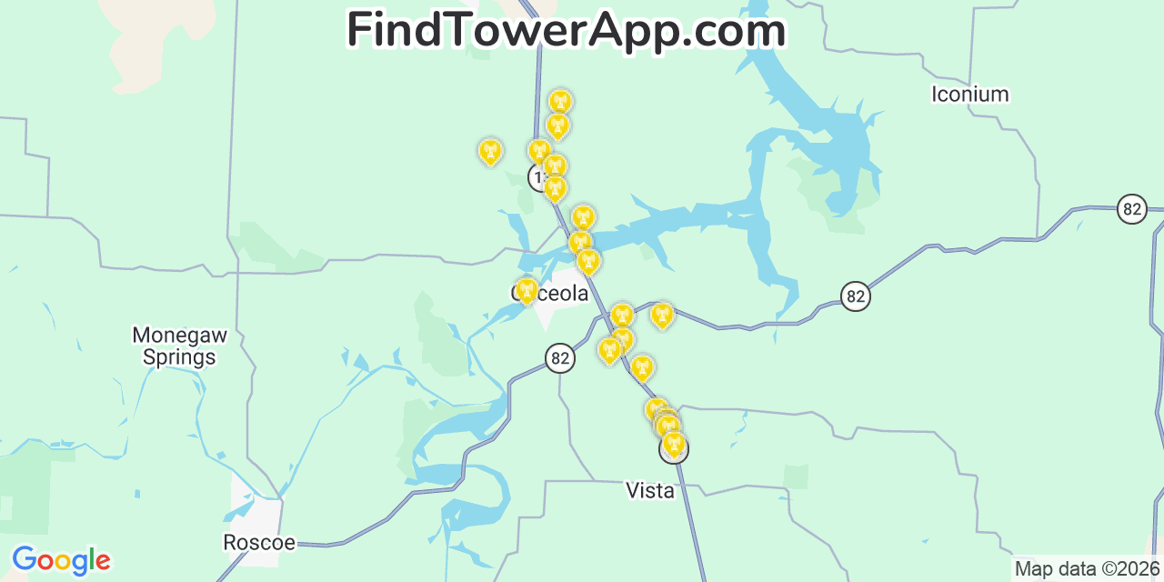 Map showing the 20 primary cell tower locations detected in Osceola, Missouri from AT&T, Verizon, and T-Mobile networks