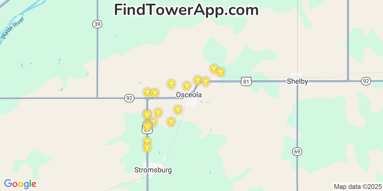 Map showing the 20 primary cell tower locations detected in Osceola, Nebraska from AT&T, Verizon, and T-Mobile networks