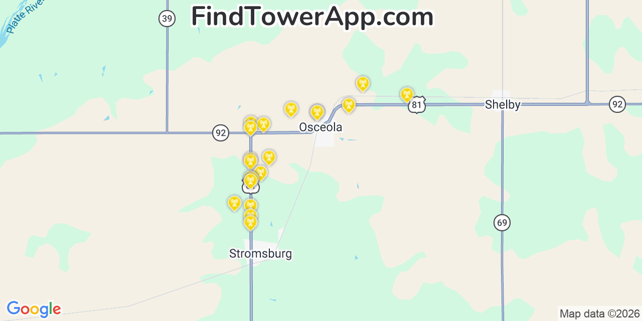 Map showing the 20 primary cell tower locations detected in Osceola, Nebraska from AT&T, Verizon, and T-Mobile networks