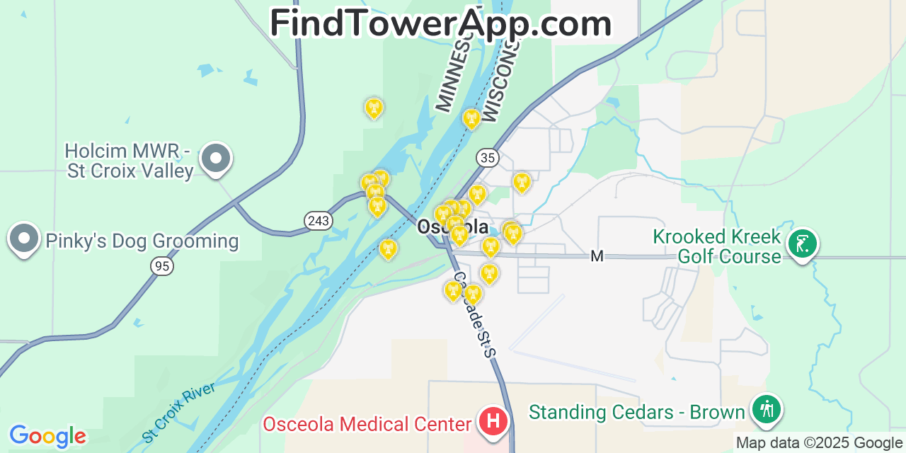 Map showing the 20 primary cell tower locations detected in Osceola, Wisconsin from AT&T, Verizon, and T-Mobile networks