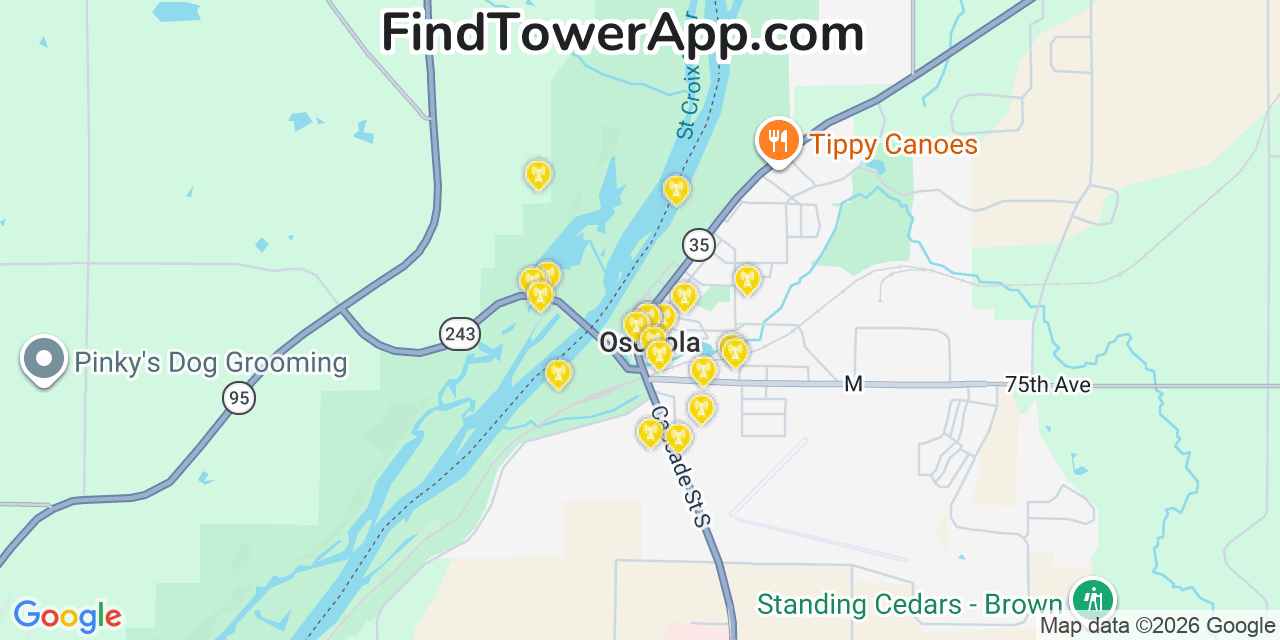 Map showing the 20 primary cell tower locations detected in Osceola, Wisconsin from AT&T, Verizon, and T-Mobile networks