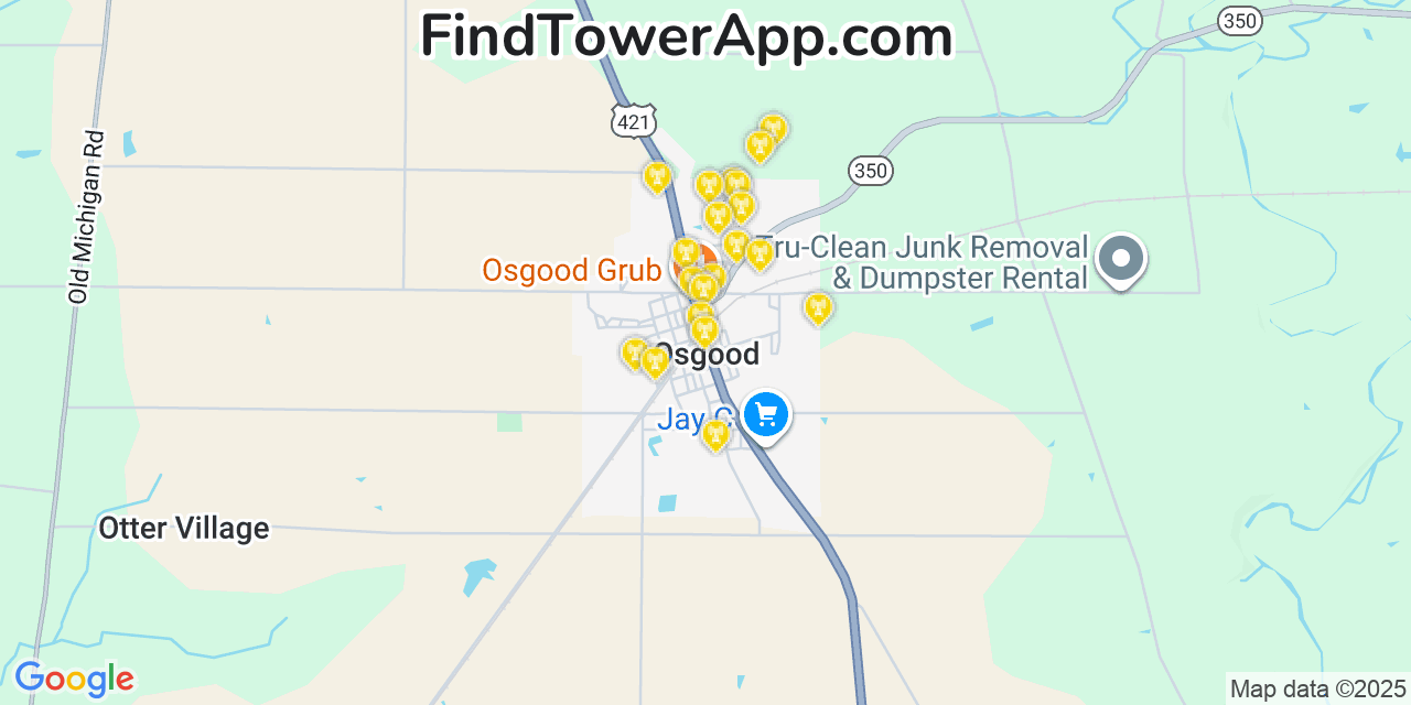 Map showing the 20 primary cell tower locations detected in Osgood, Indiana from AT&T, Verizon, and T-Mobile networks