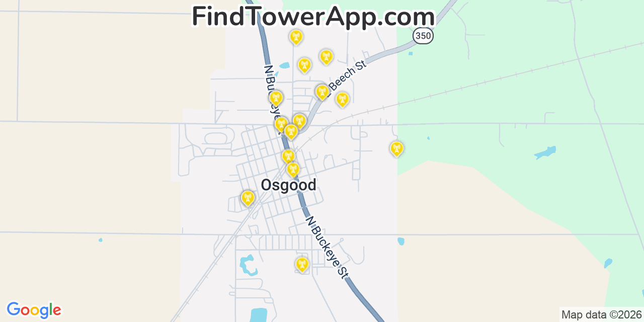 Map showing the 20 primary cell tower locations detected in Osgood, Indiana from AT&T, Verizon, and T-Mobile networks