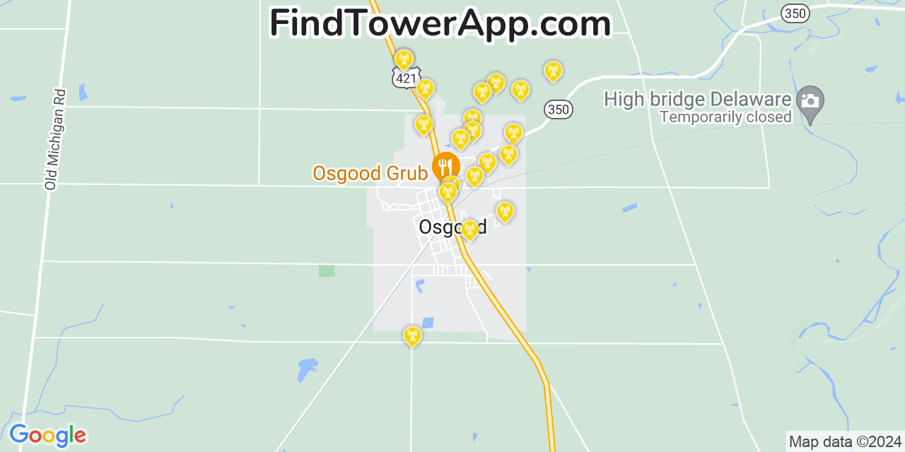 Verizon 4G/5G cell tower coverage map Osgood, Indiana