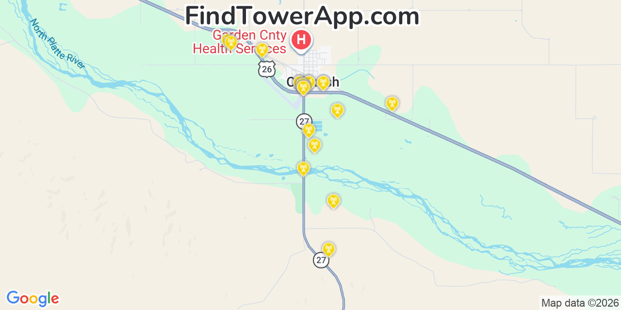 Map showing the 20 primary cell tower locations detected in Oshkosh, Nebraska from AT&T, Verizon, and T-Mobile networks