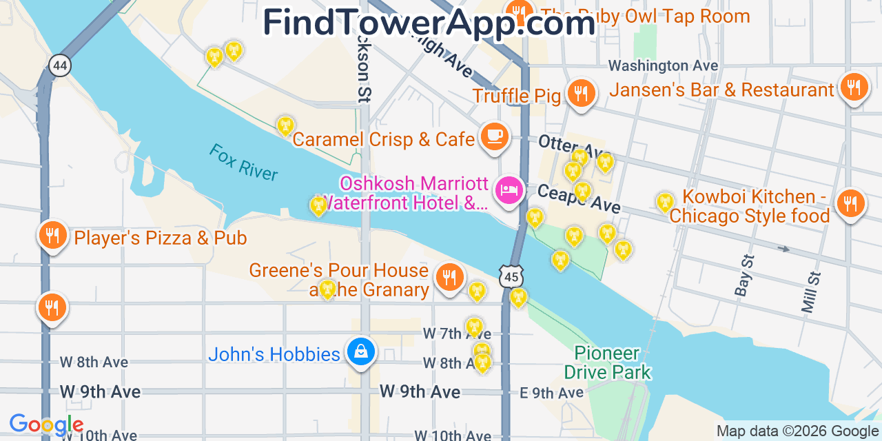 Map showing the 20 primary cell tower locations detected in Oshkosh, Wisconsin from AT&T, Verizon, and T-Mobile networks