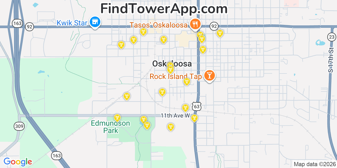 Map showing the 20 primary cell tower locations detected in Oskaloosa, Iowa from AT&T, Verizon, and T-Mobile networks
