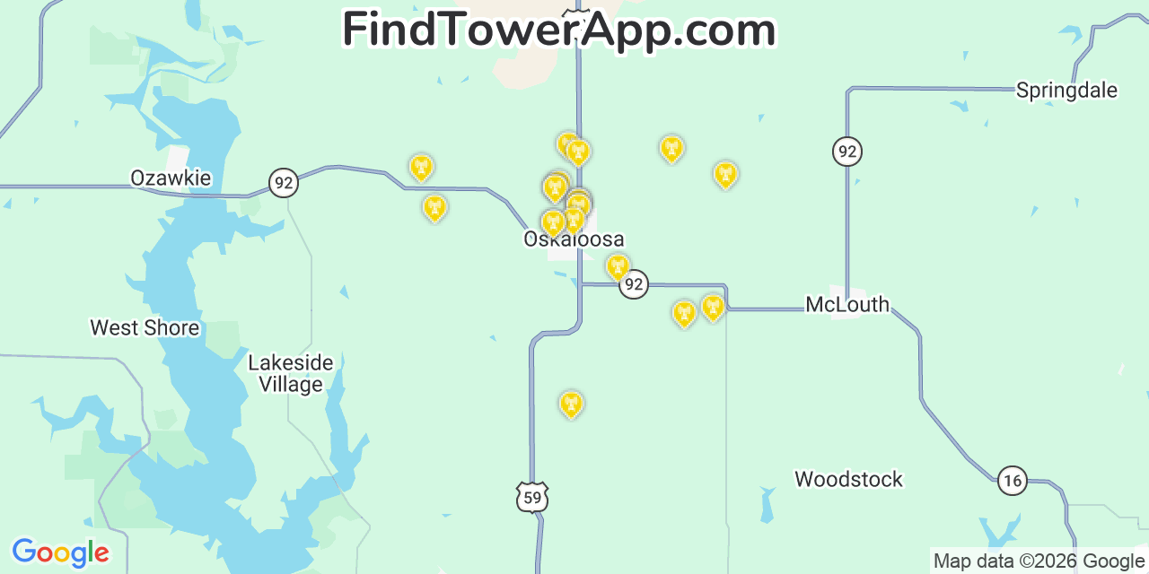 Map showing the 20 primary cell tower locations detected in Oskaloosa, Kansas from AT&T, Verizon, and T-Mobile networks