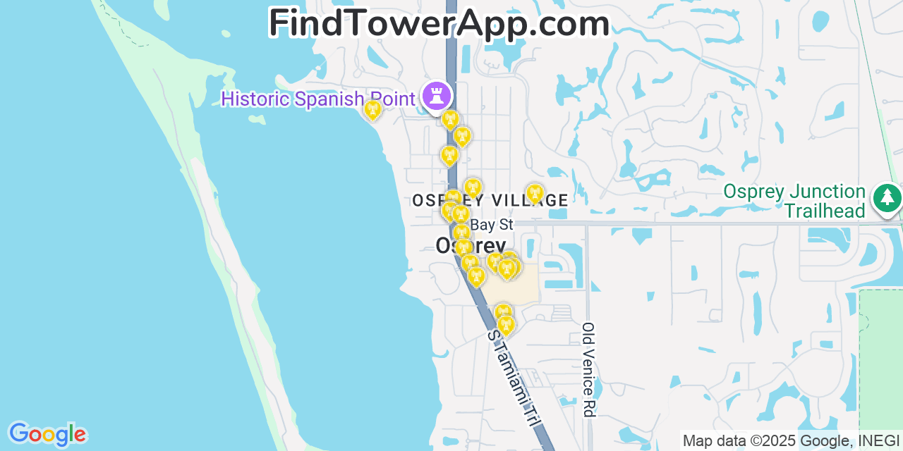 Map showing the 20 primary cell tower locations detected in Osprey, Florida from AT&T, Verizon, and T-Mobile networks
