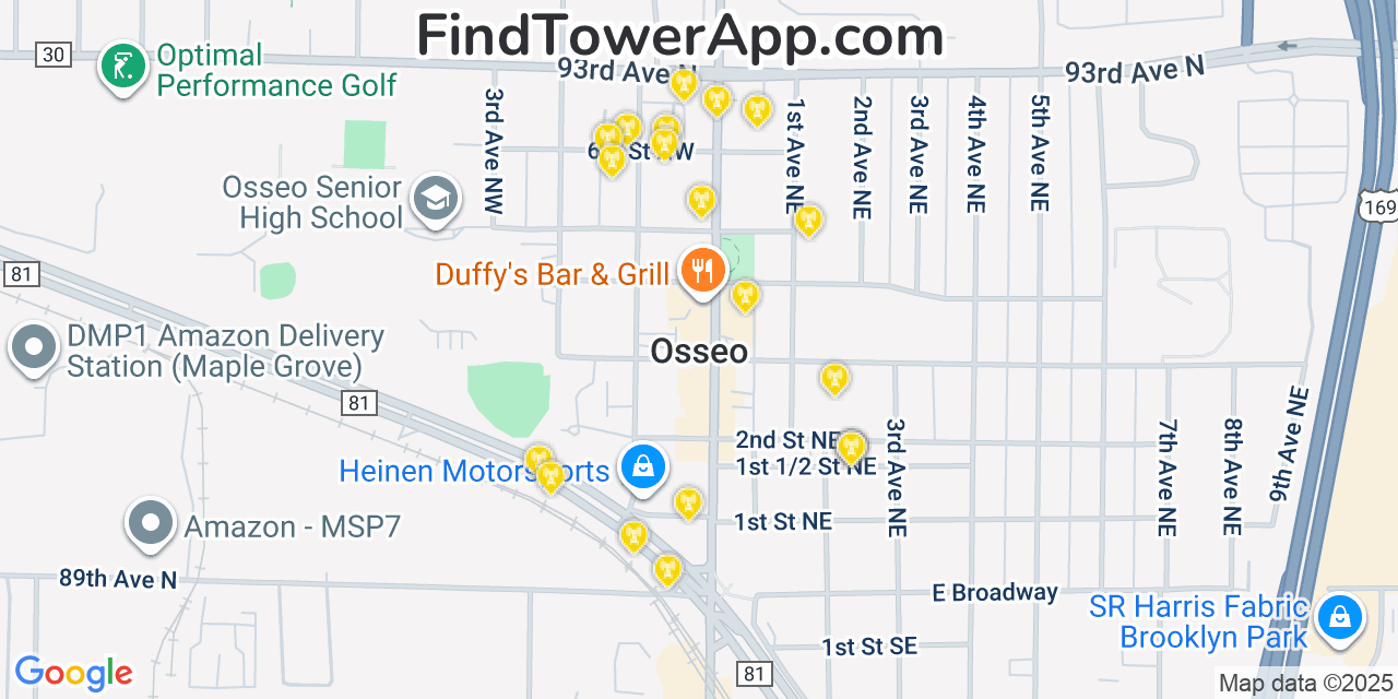 Map showing the 20 primary cell tower locations detected in Osseo, Minnesota from AT&T, Verizon, and T-Mobile networks