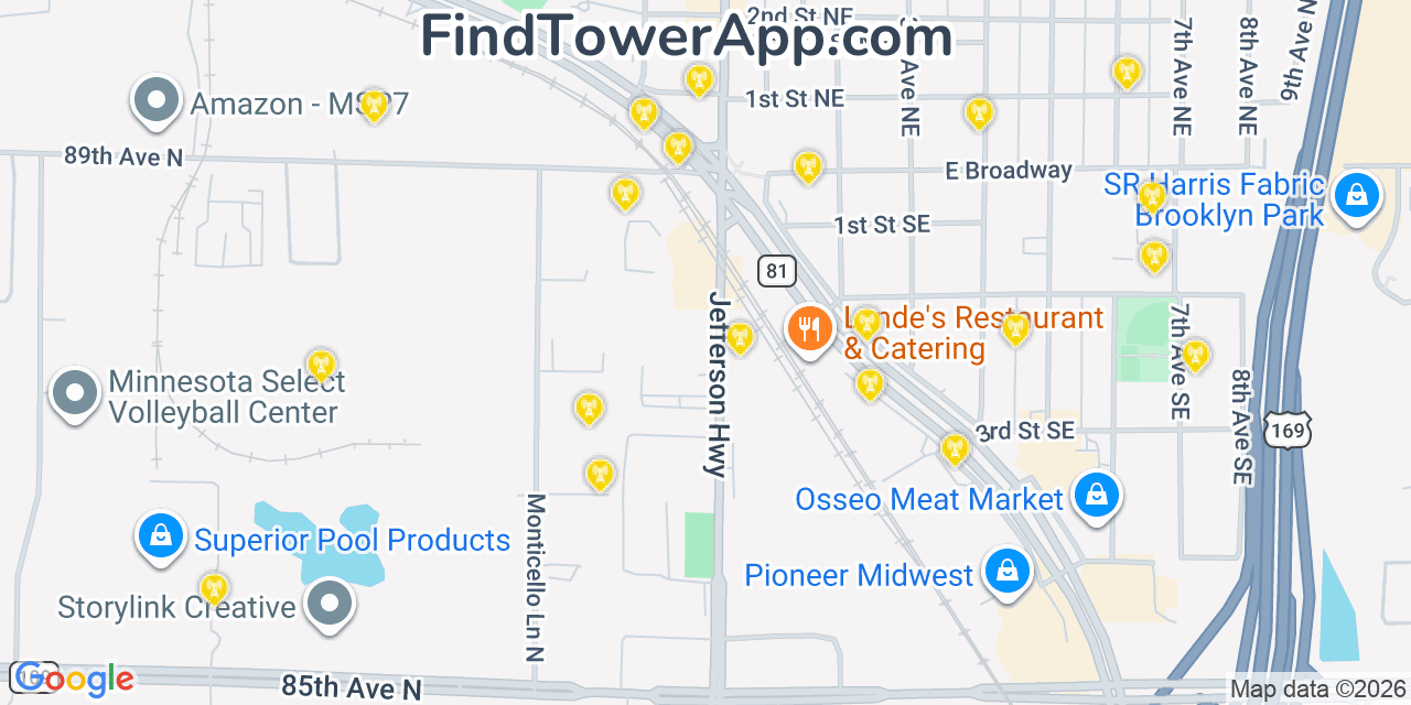 Map showing the 20 primary cell tower locations detected in Osseo, Minnesota from AT&T, Verizon, and T-Mobile networks