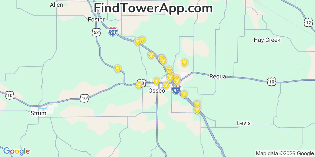 Map showing the 20 primary cell tower locations detected in Osseo, Wisconsin from AT&T, Verizon, and T-Mobile networks