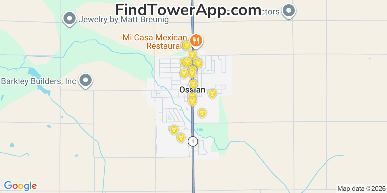 Map showing the 20 primary cell tower locations detected in Ossian, Indiana from AT&T, Verizon, and T-Mobile networks