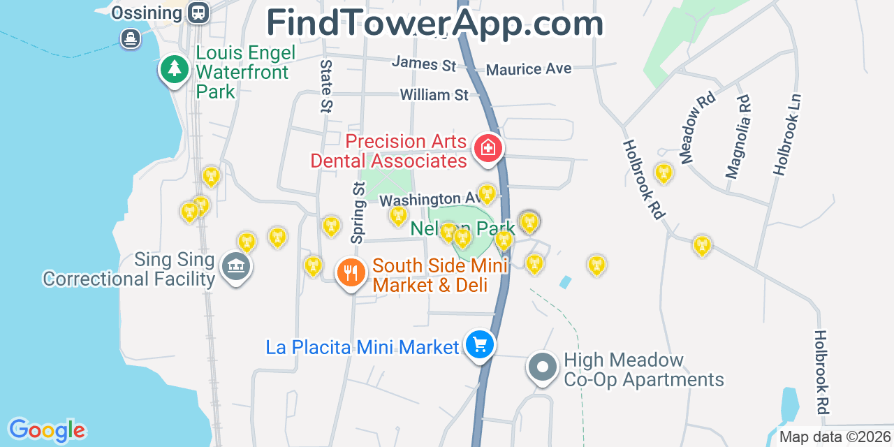 Map showing the 20 primary cell tower locations detected in Ossining, New York from AT&T, Verizon, and T-Mobile networks