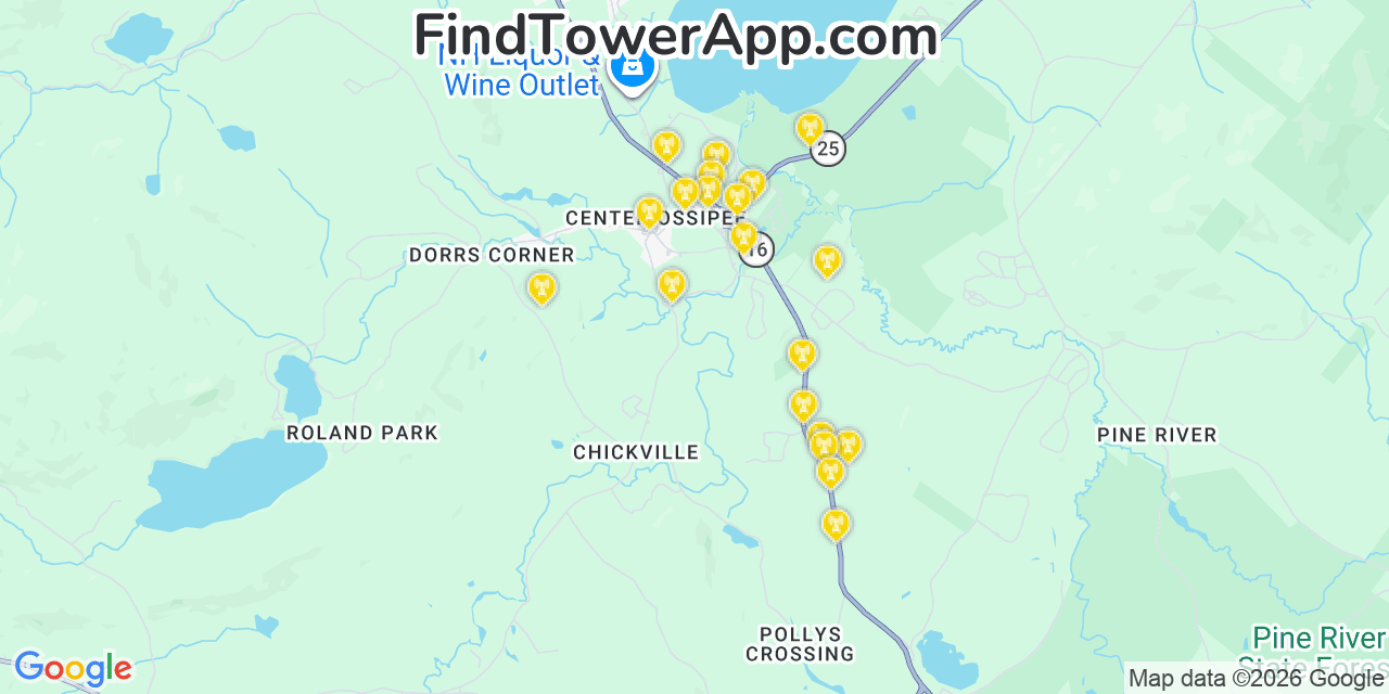Map showing the 20 primary cell tower locations detected in Ossipee, New Hampshire from AT&T, Verizon, and T-Mobile networks