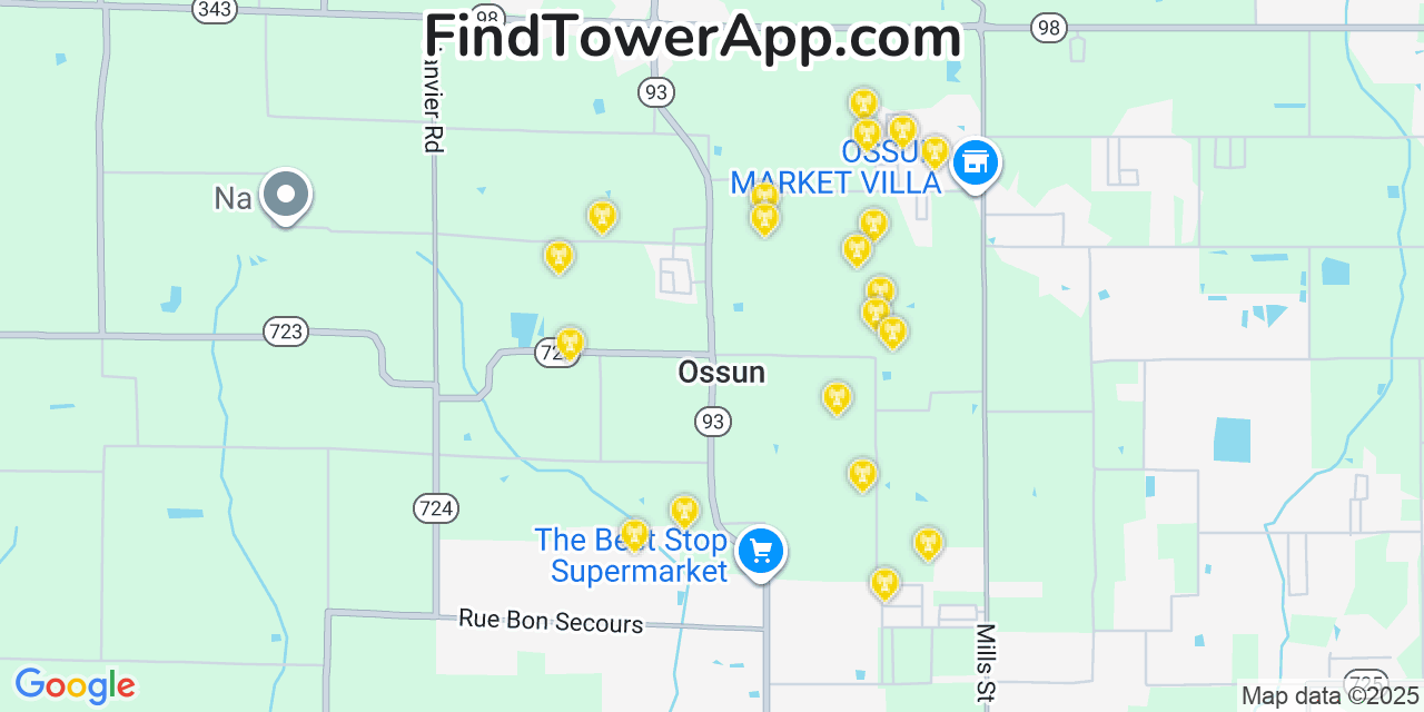 Map showing the 20 primary cell tower locations detected in Ossun, Louisiana from AT&T, Verizon, and T-Mobile networks