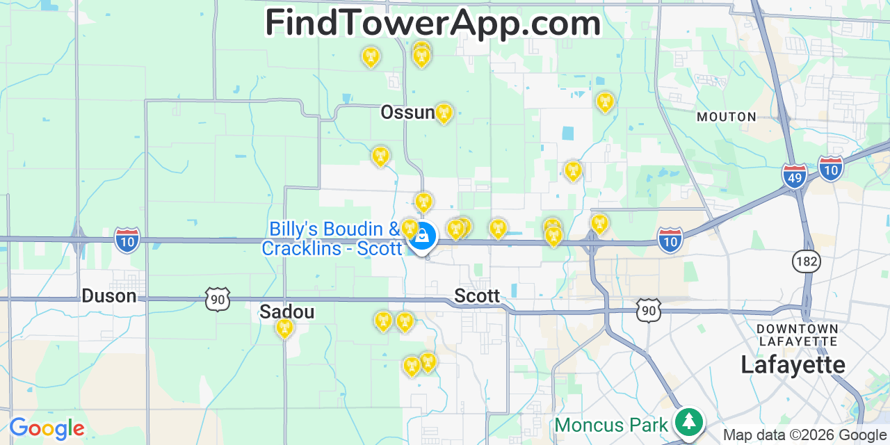Map showing the 20 primary cell tower locations detected in Ossun, Louisiana from AT&T, Verizon, and T-Mobile networks