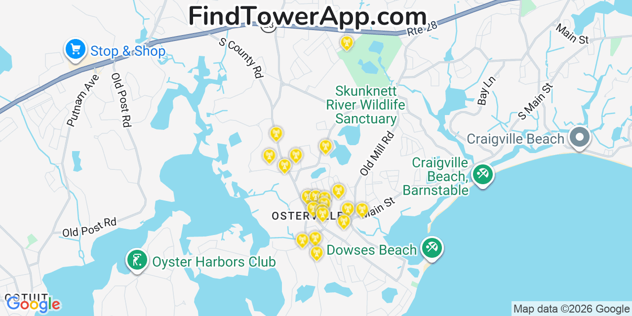 Map showing the 20 primary cell tower locations detected in Osterville, Massachusetts from AT&T, Verizon, and T-Mobile networks