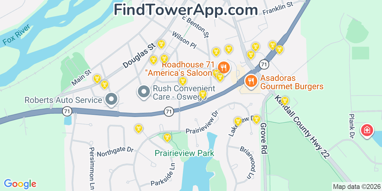 Map showing the 20 primary cell tower locations detected in Oswego, Illinois from AT&T, Verizon, and T-Mobile networks