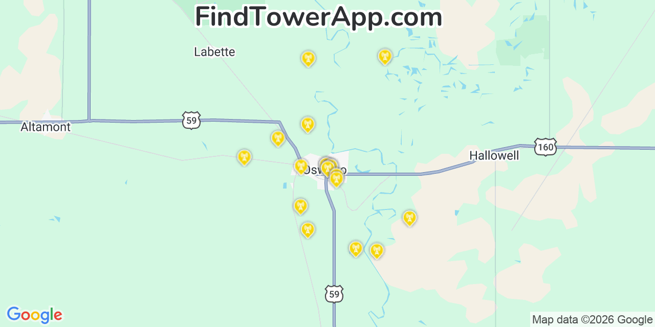 Map showing the 20 primary cell tower locations detected in Oswego, Kansas from AT&T, Verizon, and T-Mobile networks