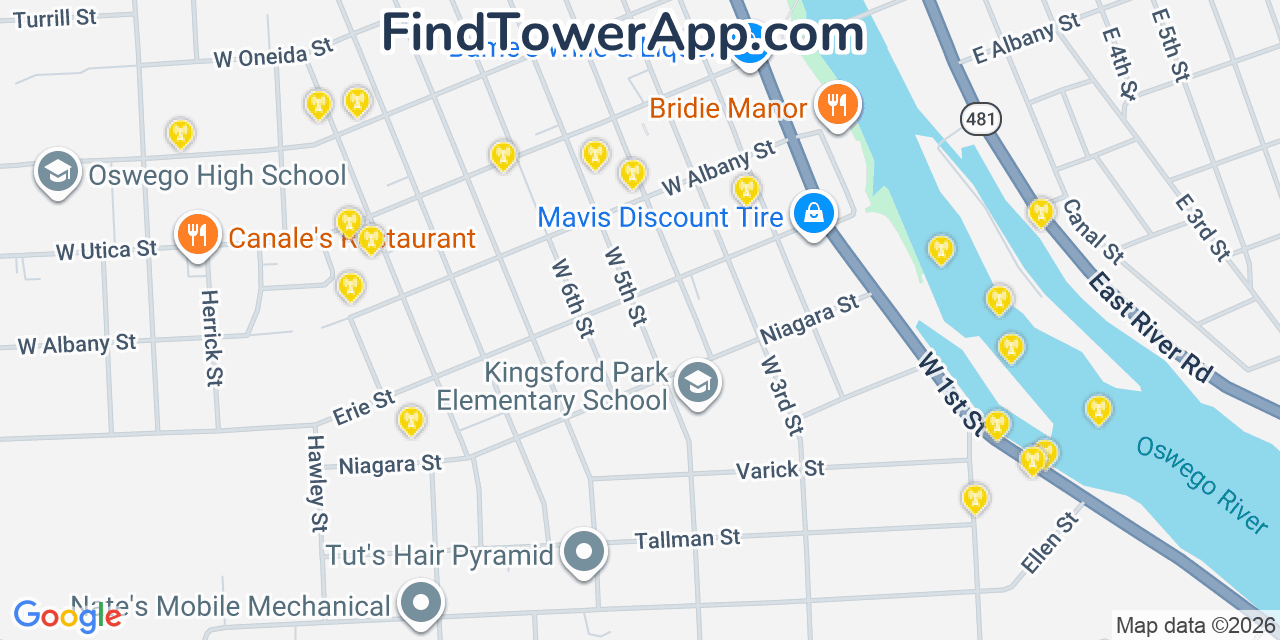 Map showing the 20 primary cell tower locations detected in Oswego, New York from AT&T, Verizon, and T-Mobile networks