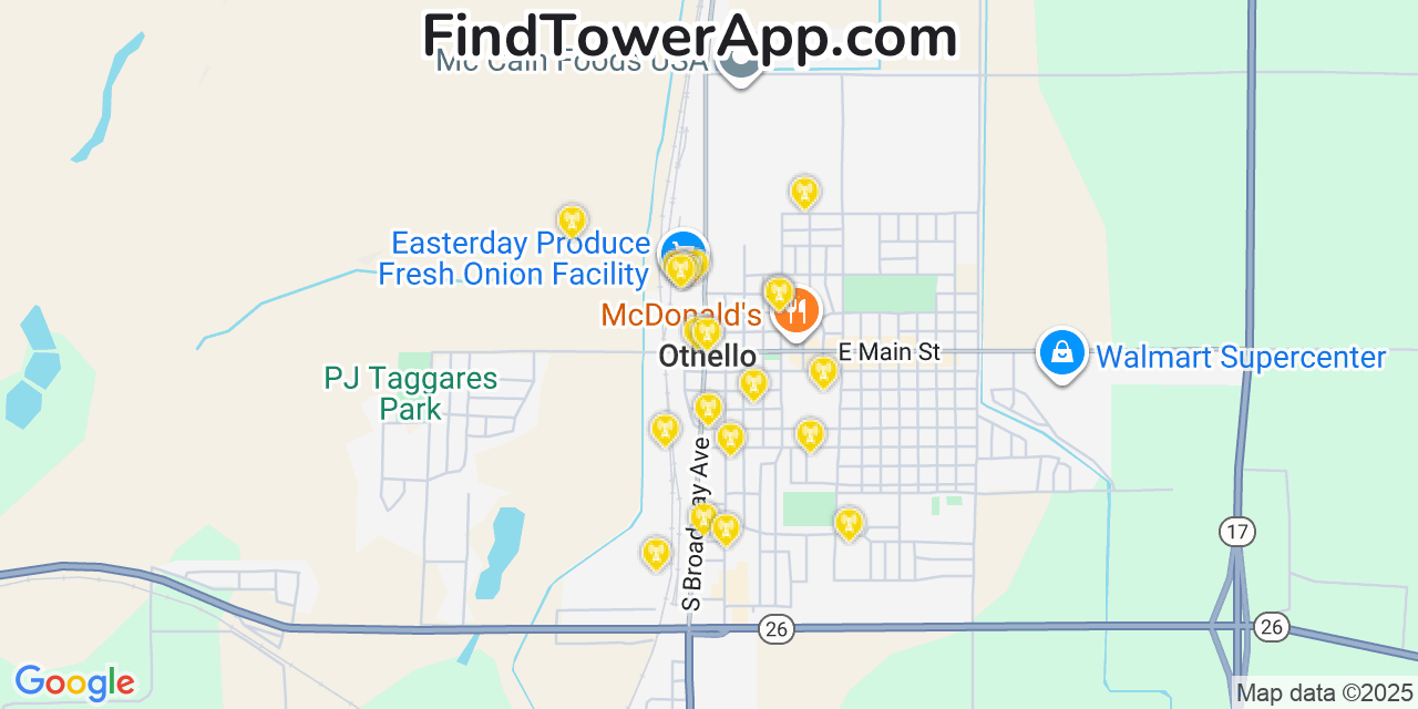 Map showing the 20 primary cell tower locations detected in Othello, Washington from AT&T, Verizon, and T-Mobile networks