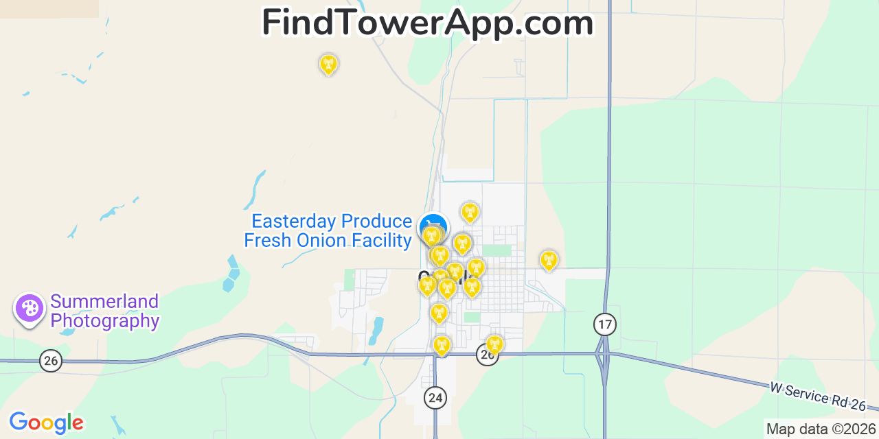 Map showing the 20 primary cell tower locations detected in Othello, Washington from AT&T, Verizon, and T-Mobile networks