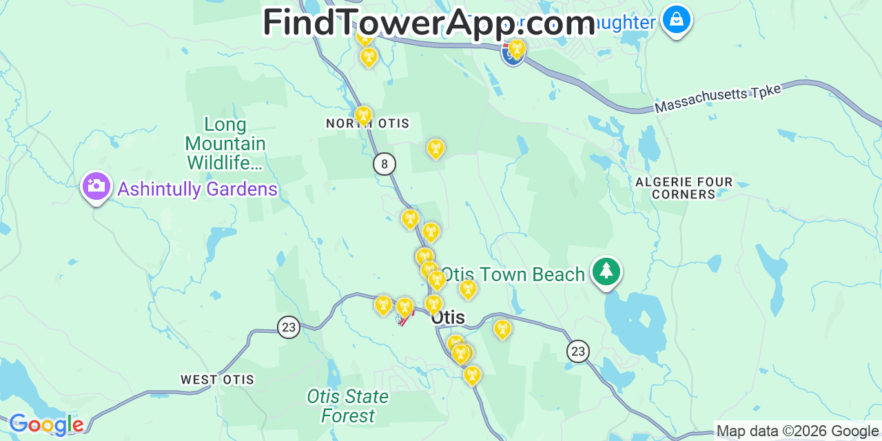 Map showing the 20 primary cell tower locations detected in Otis, Massachusetts from AT&T, Verizon, and T-Mobile networks