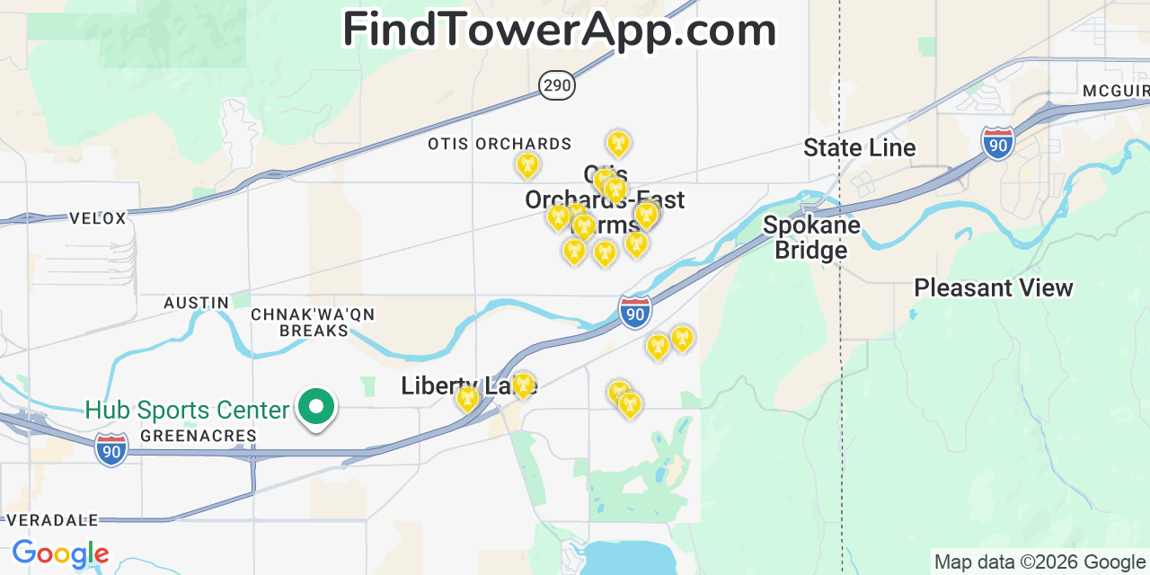 Map showing the 20 primary cell tower locations detected in Otis Orchards East Farms, Washington from AT&T, Verizon, and T-Mobile networks