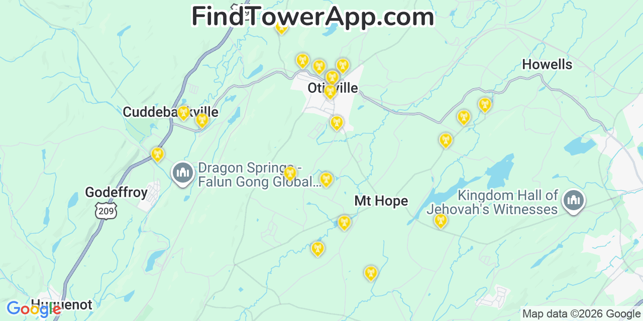 Map showing the 20 primary cell tower locations detected in Otisville, New York from AT&T, Verizon, and T-Mobile networks