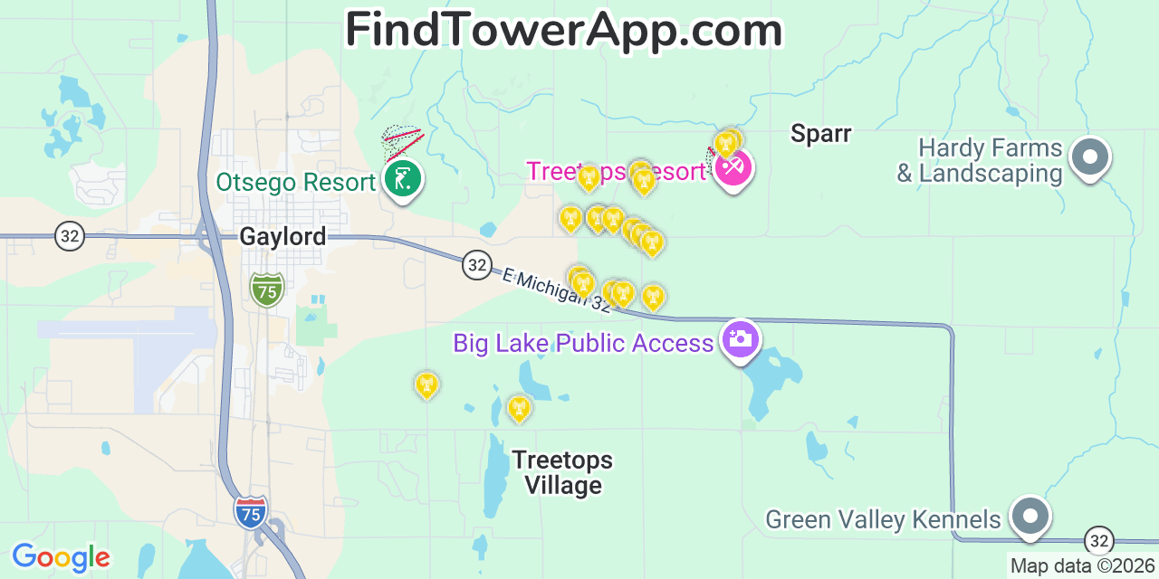 Map showing the 20 primary cell tower locations detected in Otsego, Michigan from AT&T, Verizon, and T-Mobile networks