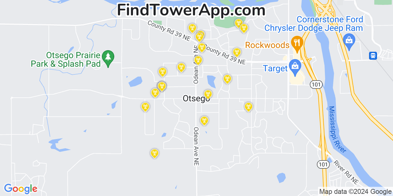 AT&T 4G/5G cell tower coverage map Otsego, Minnesota