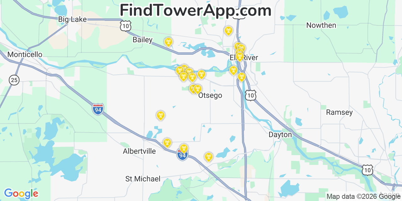 Map showing the 20 primary cell tower locations detected in Otsego, Minnesota from AT&T, Verizon, and T-Mobile networks