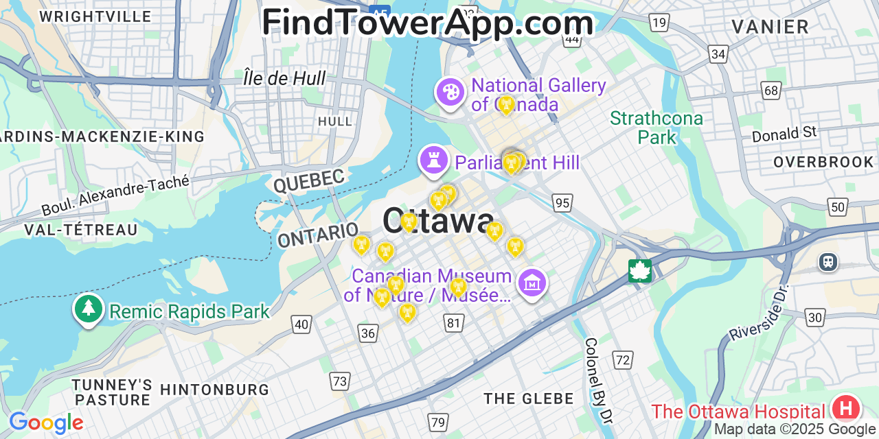 Map showing the 20 primary cell tower locations detected in Ottawa, Canada with coverage areas and signal strength