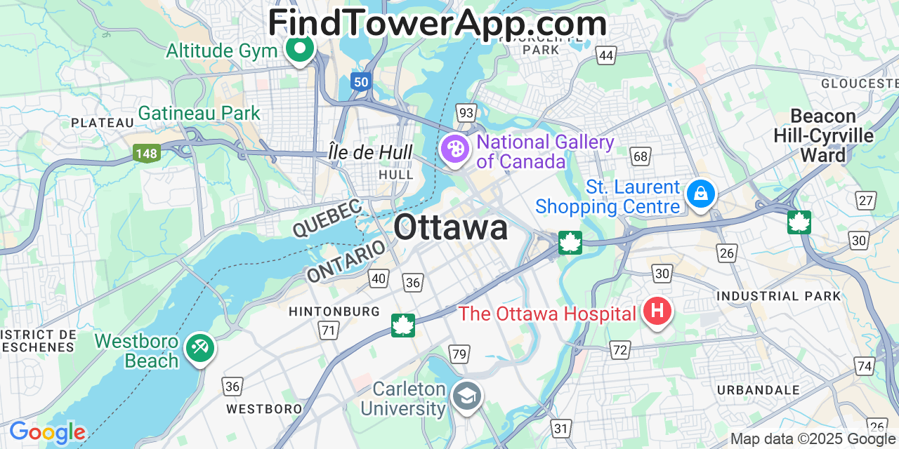 Map showing the 0 primary Public-Mobile cell tower locations detected in Ottawa, Canada with coverage radius and signal strength indicators
