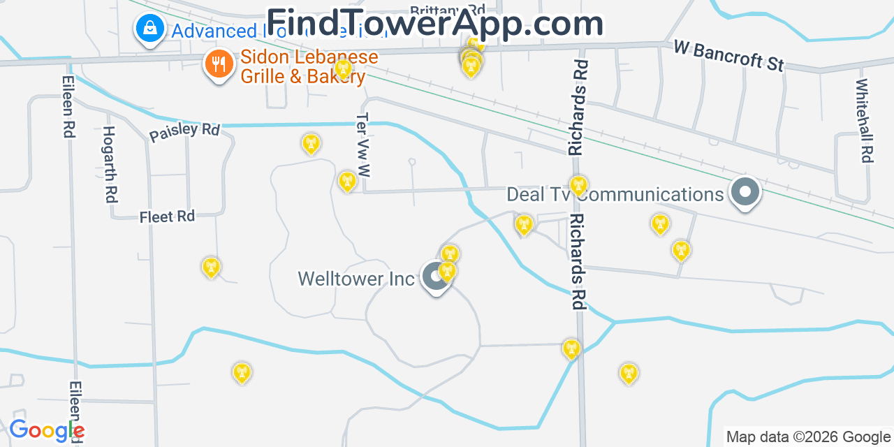 Map showing the 20 primary cell tower locations detected in Ottawa Hills, Ohio from AT&T, Verizon, and T-Mobile networks