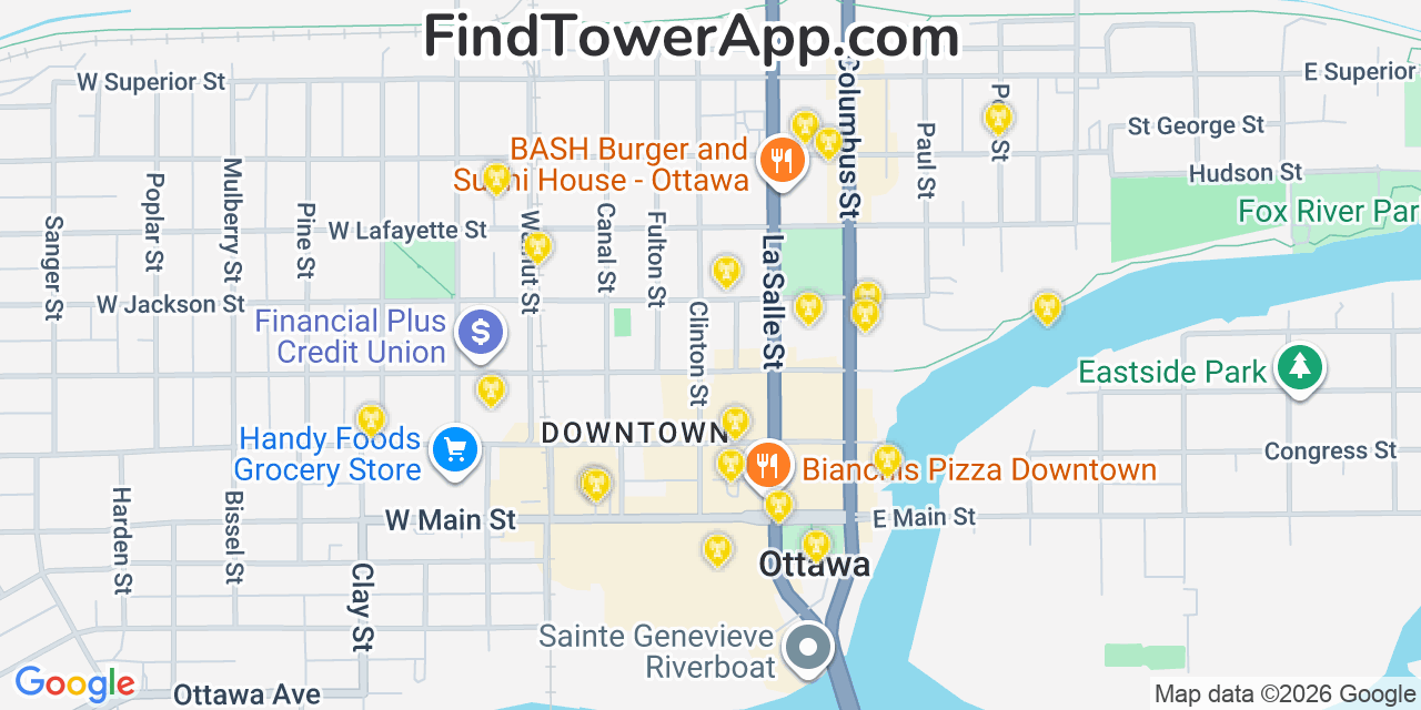 Map showing the 20 primary cell tower locations detected in Ottawa, Illinois from AT&T, Verizon, and T-Mobile networks
