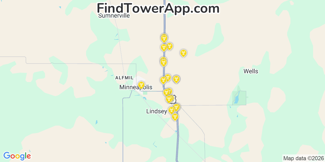 Map showing the 20 primary cell tower locations detected in Ottawa, Kansas from AT&T, Verizon, and T-Mobile networks