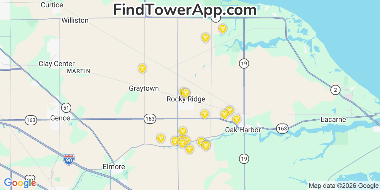 Map showing the 20 primary cell tower locations detected in Ottawa, Ohio from AT&T, Verizon, and T-Mobile networks