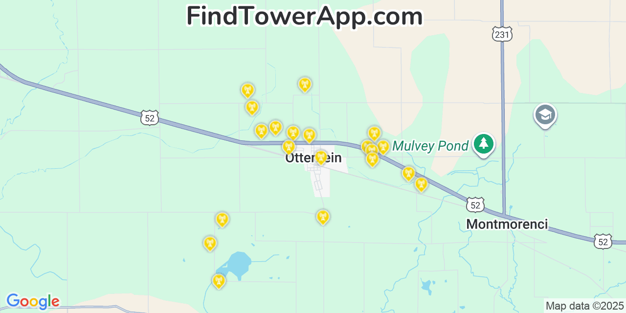 Map showing the 20 primary cell tower locations detected in Otterbein, Indiana from AT&T, Verizon, and T-Mobile networks