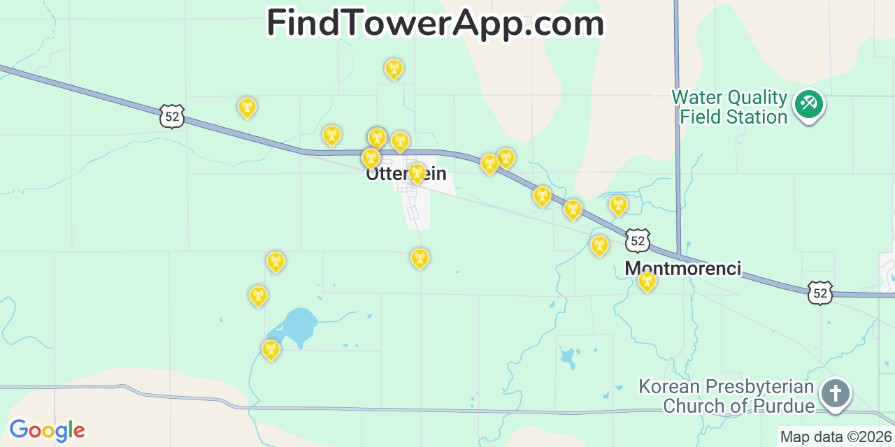 Map showing the 20 primary cell tower locations detected in Otterbein, Indiana from AT&T, Verizon, and T-Mobile networks