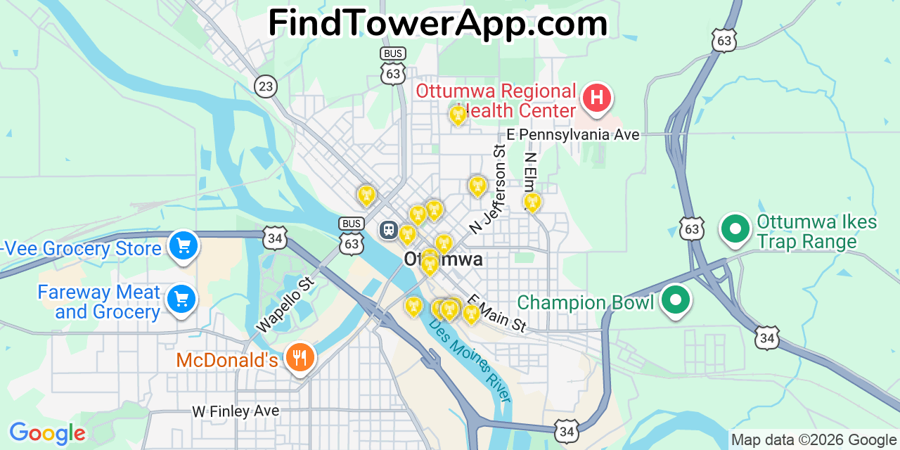 Map showing the 20 primary cell tower locations detected in Ottumwa, Iowa from AT&T, Verizon, and T-Mobile networks