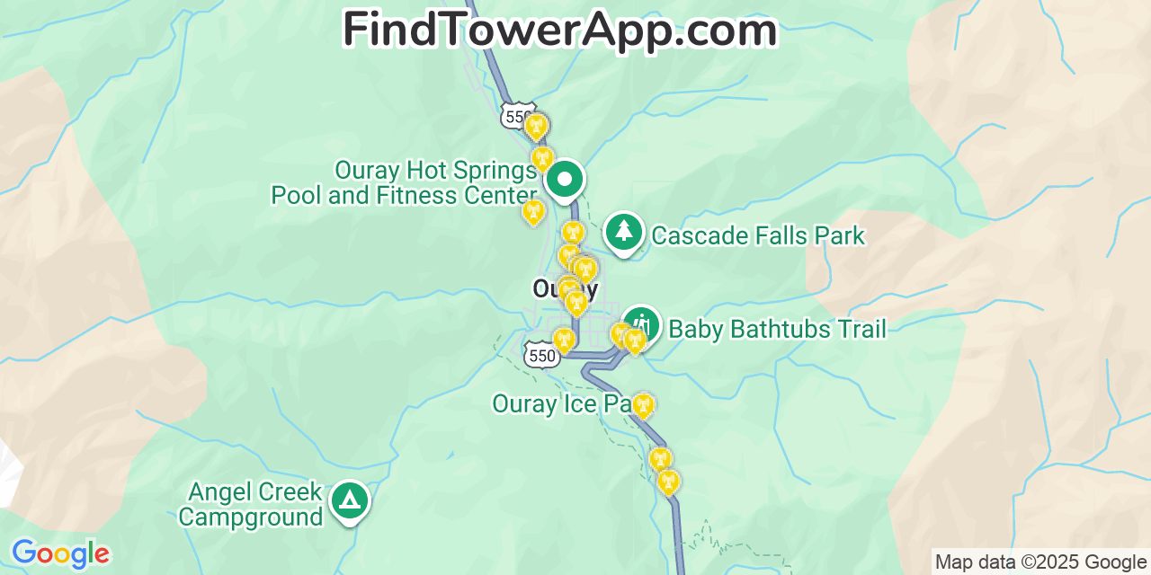 Map showing the 20 primary cell tower locations detected in Ouray, Colorado from AT&T, Verizon, and T-Mobile networks